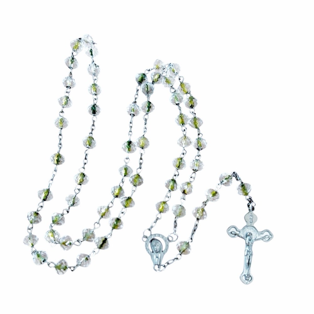 ANTIQUE STERLING SILVER Italy Green Clear‎ CRYSTAL GLASS BEAD ROSARY VINTAGE